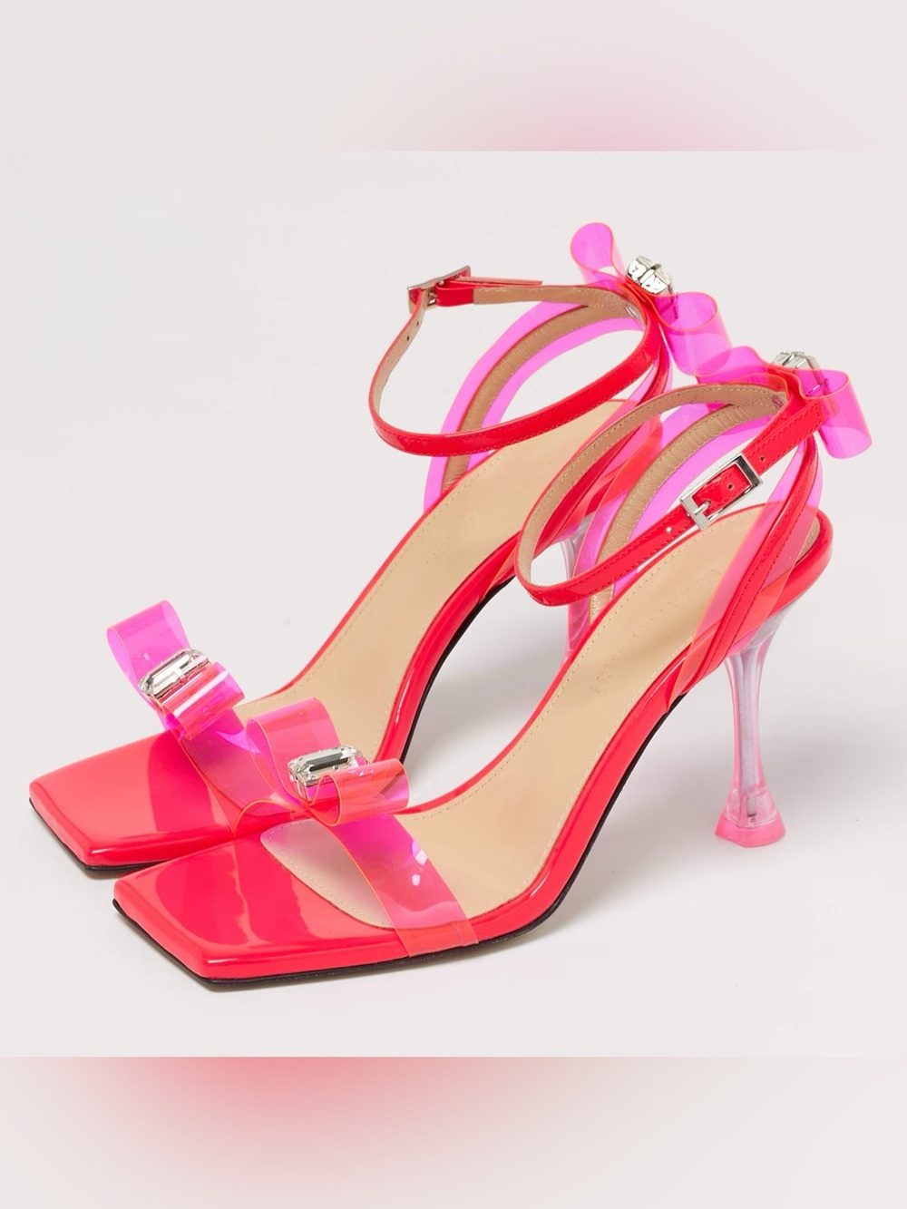 MACH & MACH Neon Pink PVC Crystal Bow Heels Size 38 Barbiecore Statement Heels